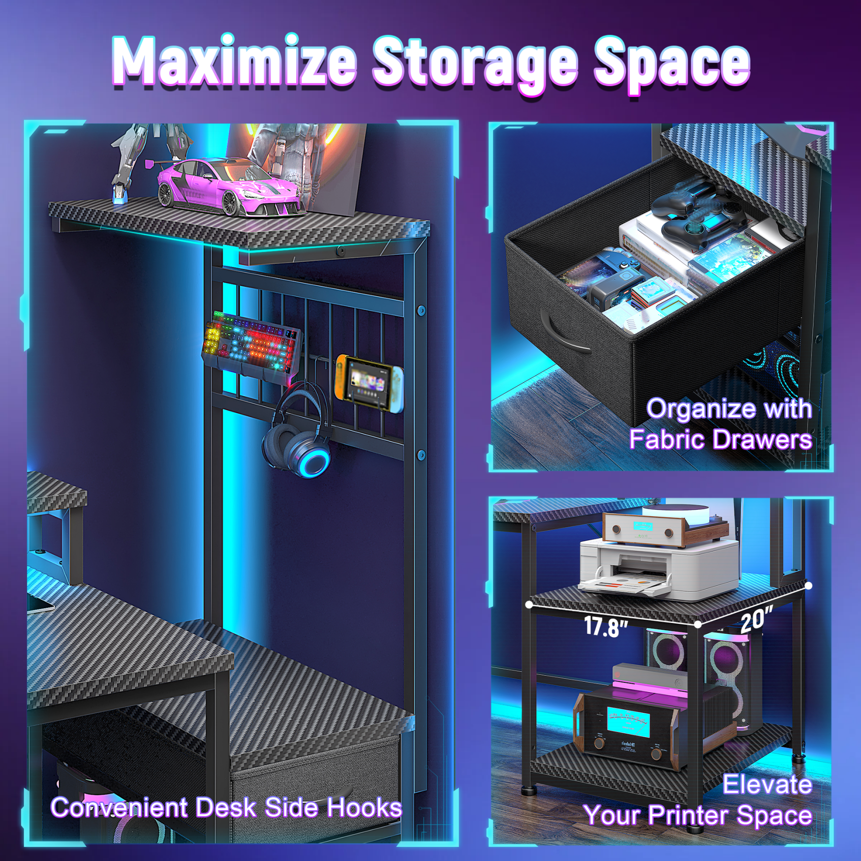 Romorgniz 63"W Gaming Desk Computer Desk with LED Lights & Outlets Corner Desk with Storage & Monitor Stand for Gaming,Studying,Home Office Desks,Black