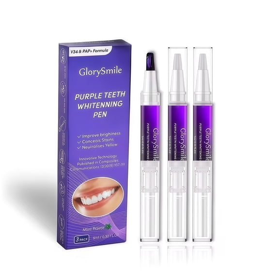 GlorySmile Purple Teeth Whitening Gel Pen - Removes Yellow Stains, 3-Count, Mint Flavor