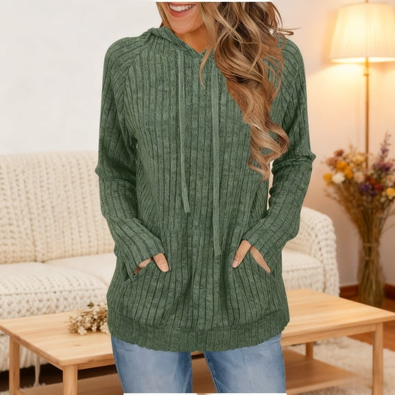 Zunfeo Women's Soft Stretch Ribbed Knit Hooded Sweater - Drawstring Hood, Front Pockets, Army Green (Size M) Long Sleeve for Fall Winter