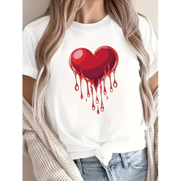 Women's Valentine's Day 100% T-Shirt - Casual Short Sleeve with Unique Melting Heart Graphic, Soft & Lightweight, Valentine's Day Outfit Tee For Adult, Men, Women, Teen, Teenager, Adolescent, Youth