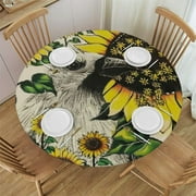 WXKJ Vintage Sunflower Sloth Round Fitted Tablecloth with Elastic Protector Table Cloth Kitchen Dinner Waterproof Oil-Proof Table Covers White