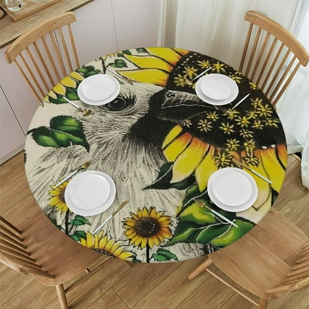 WXKJ Vintage Sunflower Sloth Round Fitted Tablecloth with Elastic Protector Table Cloth Kitchen Dinner Waterproof Oil-Proof Table Covers White