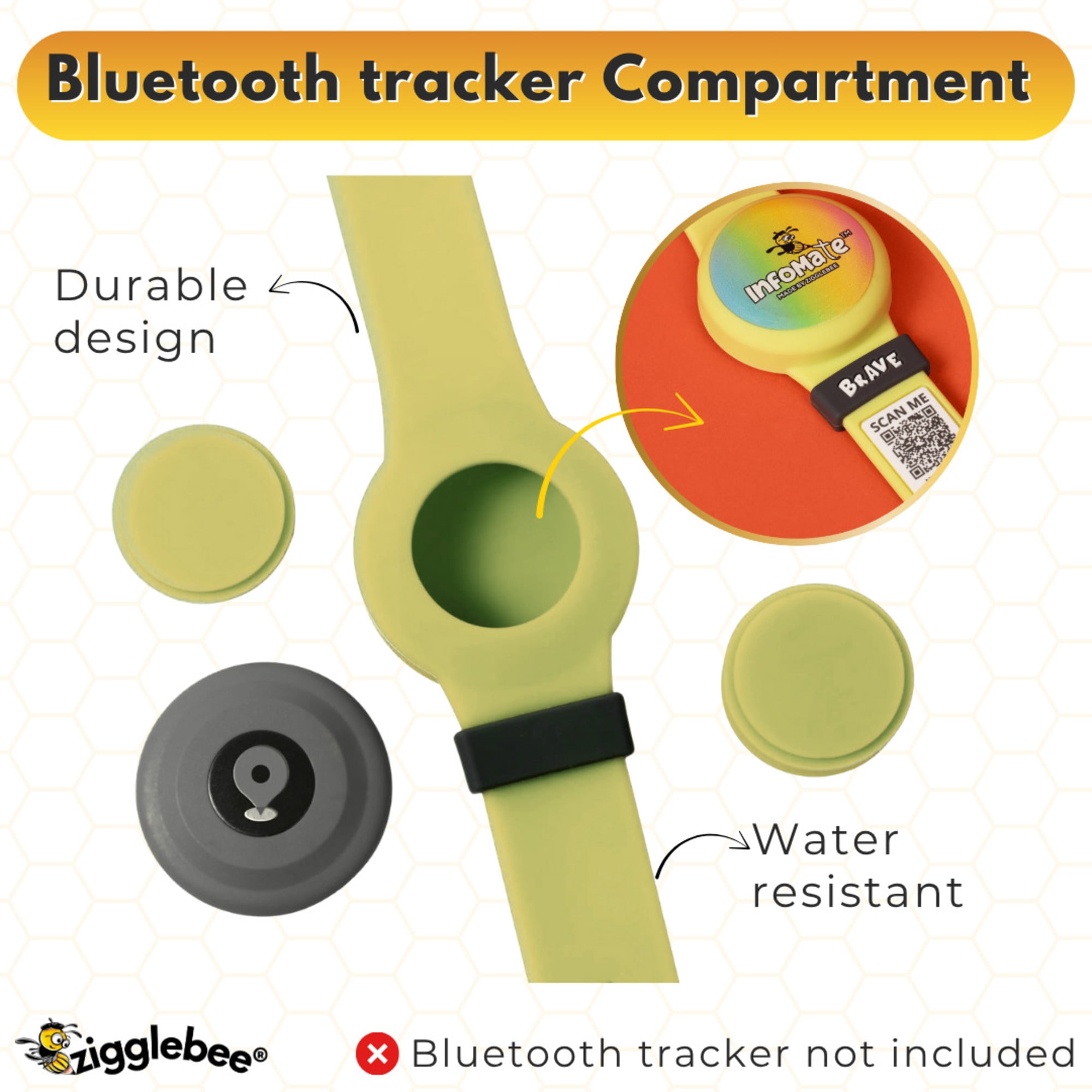 InfoMate by Zigglebee QR Code Medical Bracelet and AirTag Holder Wristband, Canary Yellow, Pin Buckle