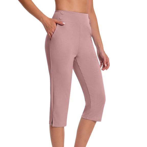 Womens High Waisted Yoga Pants 7/8 Length Capri Tummy Control with Pockets Pink Workout Athletic Leggings 95% Polyester 5% Spandex,Size XL