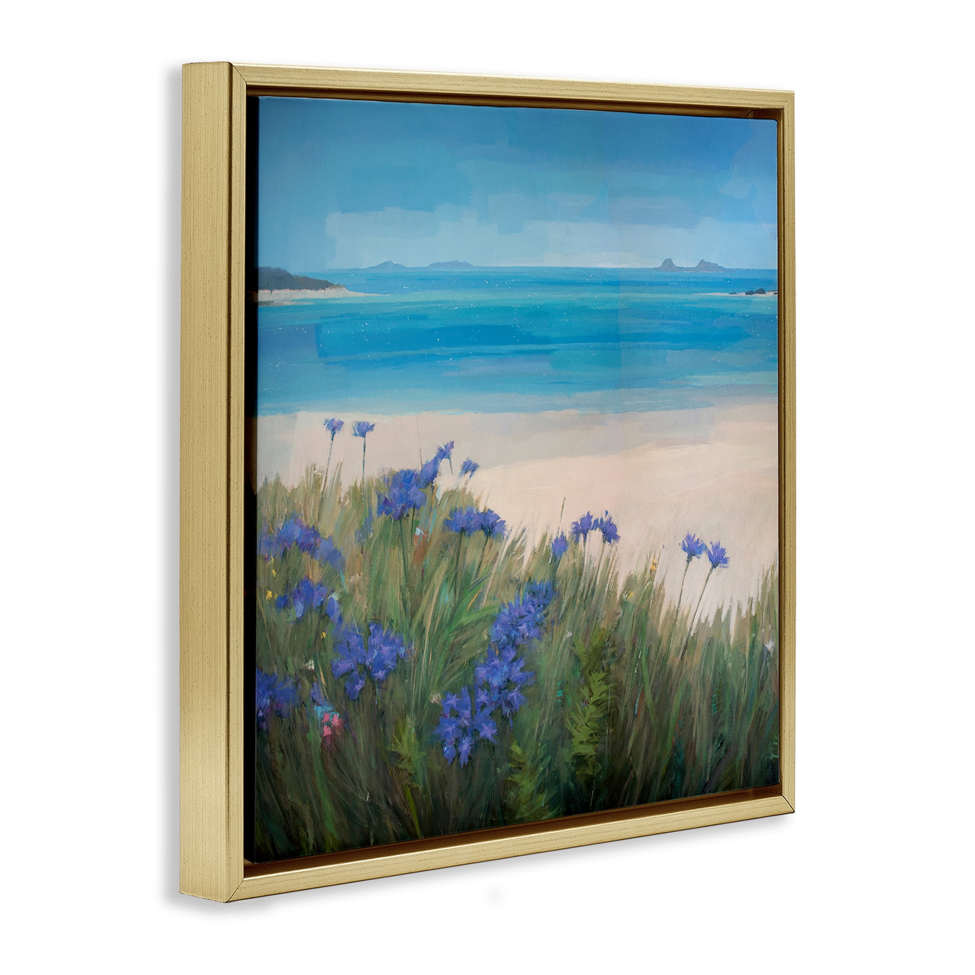 Stupell Industries Seaside Bluebell Flowers Landscape & Nature Painting Gold Floater Framed Canvas Art Print Wall Art, 25 x 25