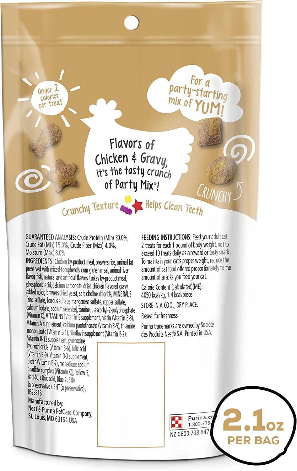 Purina Friskies Party Mix Cat Treats, Gravy-Licious Crunch, Chicken & Gravy Flavors, Dry Cat Treats, Helps Clean Teeth, 2.1-Ounce Resealable Pouch, (Pack of 6)