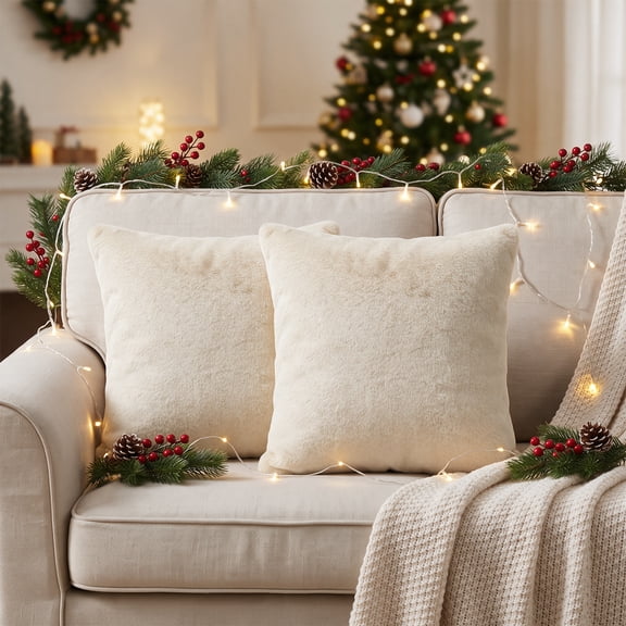 Sm:)e Soft Plush Faux Fur Throw Pillow Covers 18x18 Inch Set of 2, Decorative Cushion Covers for Couch Sofa Bedroom Living Room Home Decor, Beige