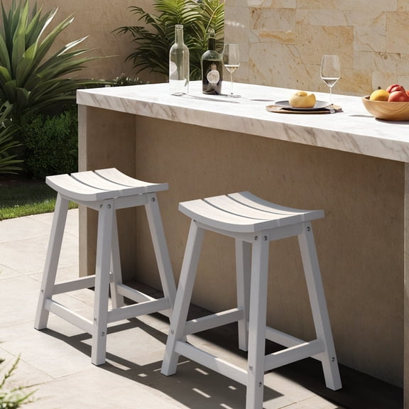 MUCHENGHY Set of 2 Outdoor Bar Stools 24", HDPE Weatherproof Patio Saddle Seats, White