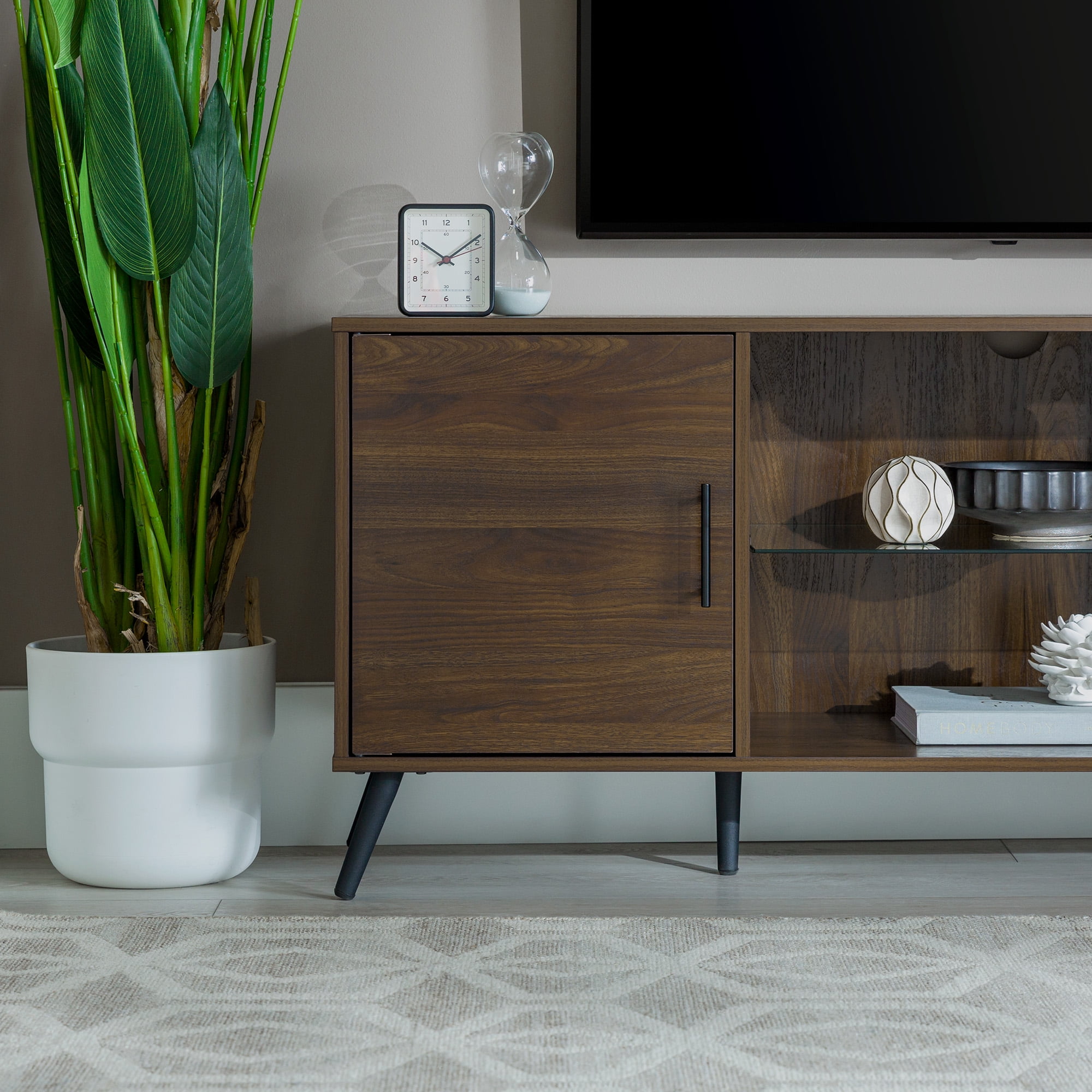 Walker Edison Mid Century 2-Door TV Stand for TVs up to 68", Dark Walnut