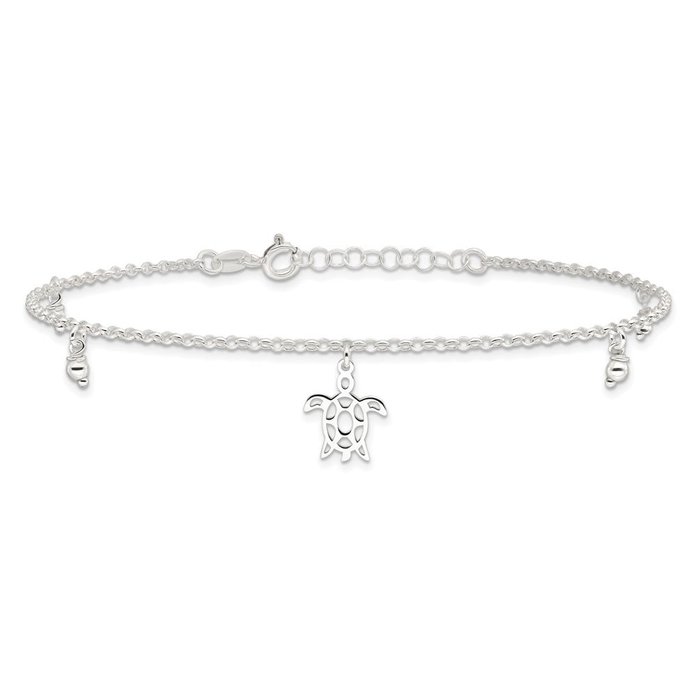 Auriga Fine Jewelry 925 Sterling Silver Turtle Dangle Beads 9in Plus 1in Ext. Anklet for Women