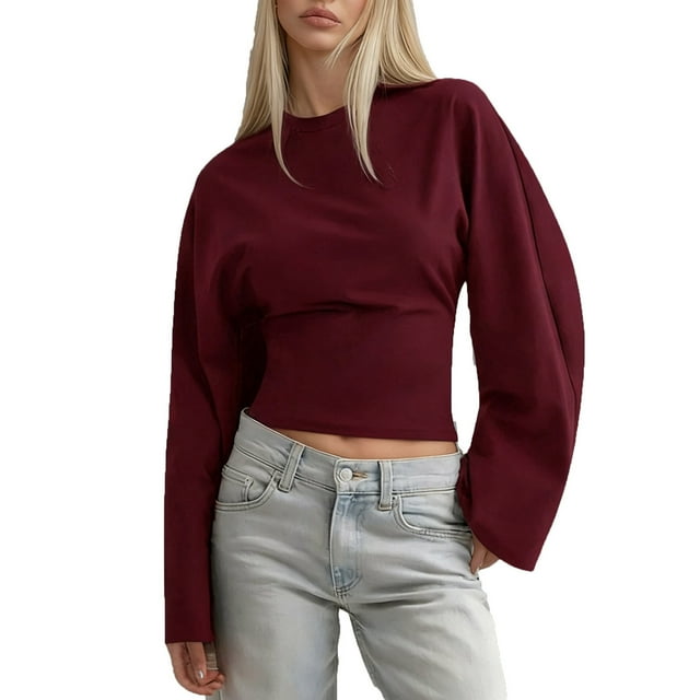 RXMEKW Haut Court à Manches Longues pour Femmes avec Taille Cintrée et Manches Larges, Col Rond, Couleur Unie, Chemise Décontractée pour Usage Quotidien