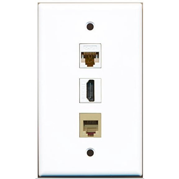 RiteAV - 1 Port HDMI and 1 Port Phone RJ11 RJ12 Beige and 1 Port Cat6 Ethernet White Wall Plate