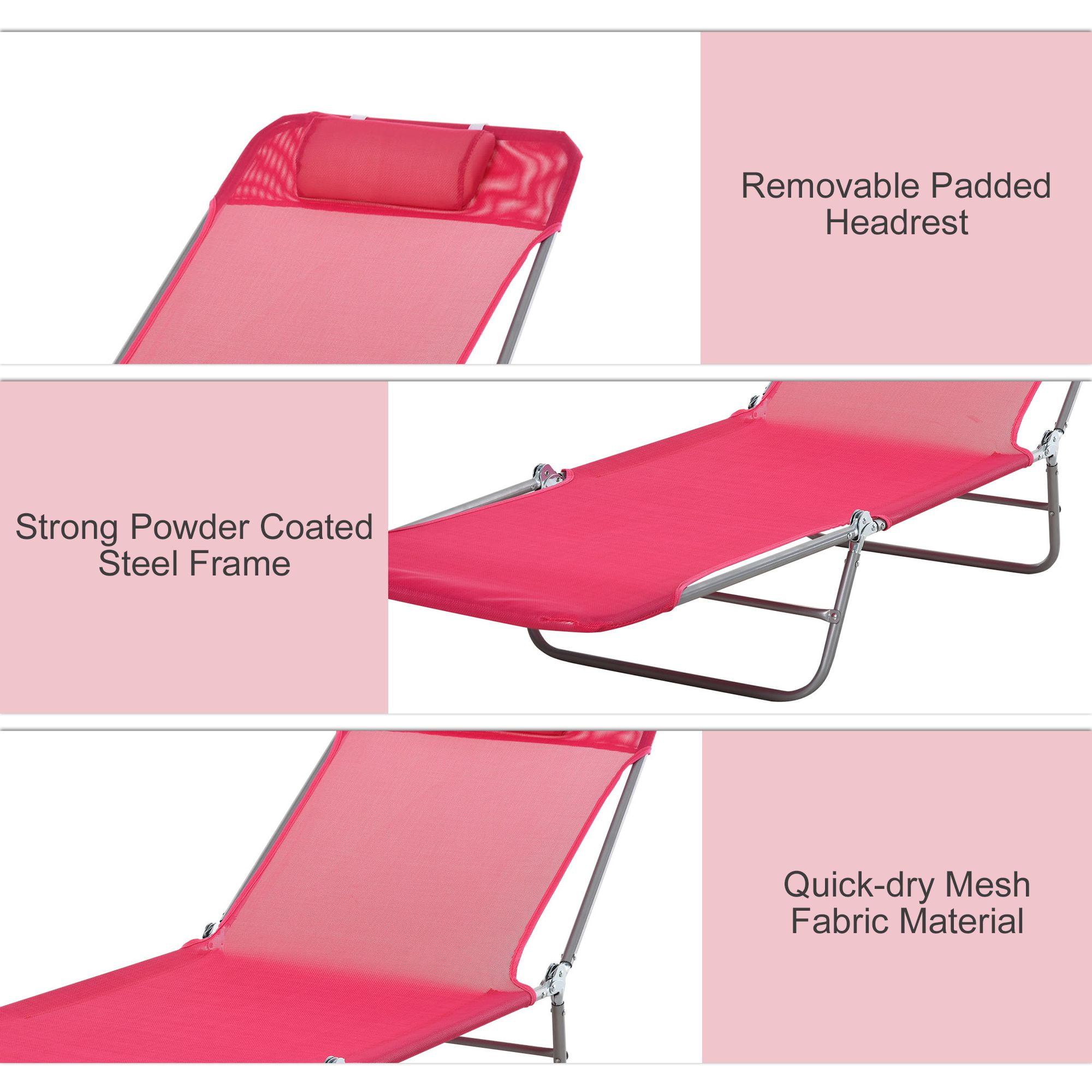 4-Position Adjustable Foldable Mesh Chaise Lounge with Pillow, Powder Coated Steel Outdoor Reclining Lounge Chair Supports 264 LBS for Poolside Beach Patio