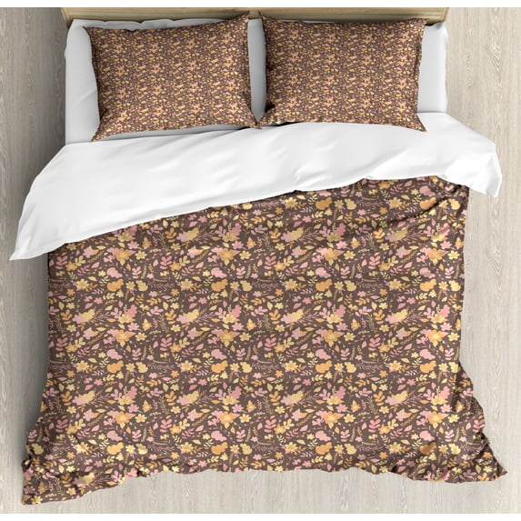 Botanical Duvet Cover Set Queen Size, Vintage Pattern of Pastel Colored Flower Petals Branches and Leaves Image, Decorative 3 Piece Bedding Set with 2 Pillow Shams, Multicolor, by Ambesonne