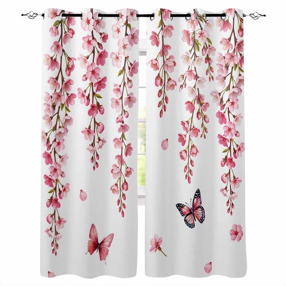 Butterfly Flower Blackout Curtains 54 Inch Length 2 Panels Set for Living Room Bedroom, Watercolor Farmhouse Country Pink Floral Room Darkening Window Curtains Thermal Black Out Curtain 52"x54"