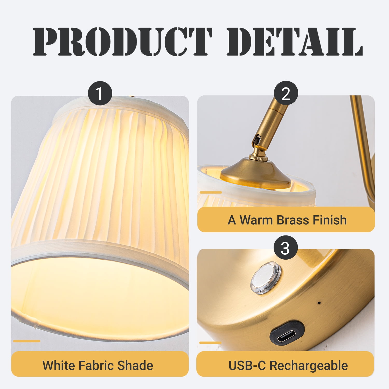 1-Light W6" Vintage Brass Battery Operated Wall Sconces Dimmable Integrated LED Rechargeable Cordless Swing Head Wall Lamp for Bedroom or Corridors