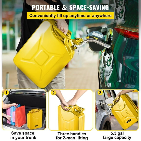 5.3 Gallon Yellow Jerry Can – Durable Steel Fuel Container with No-Spill Spout System for Cars, Trucks, and Generators