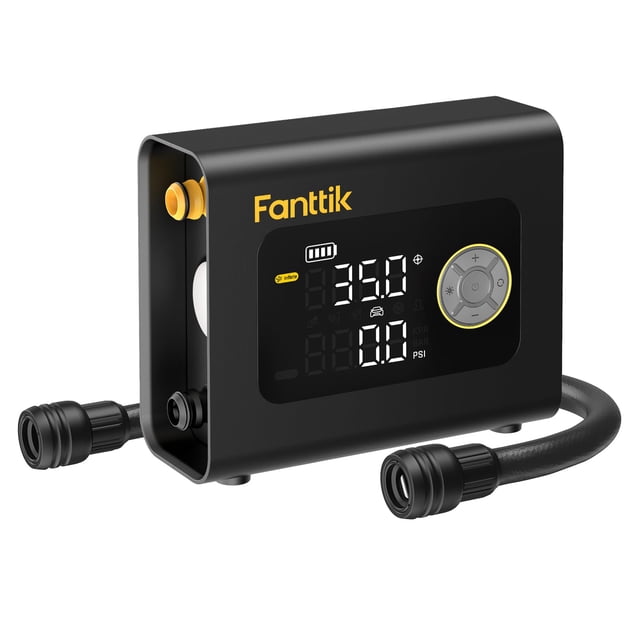 inflador de neumáticos portátil Fanttik X9 Cross 4X con bomba de remo, unidad negra frontal con pantalla digital grande que muestra presión en PSI, botones circulares y logotipo Fanttik, manguera en U con conectores rápidos; compresor portátil eléctrico adecuado para inflar neumáticos, SUP y kayaks en viaje.