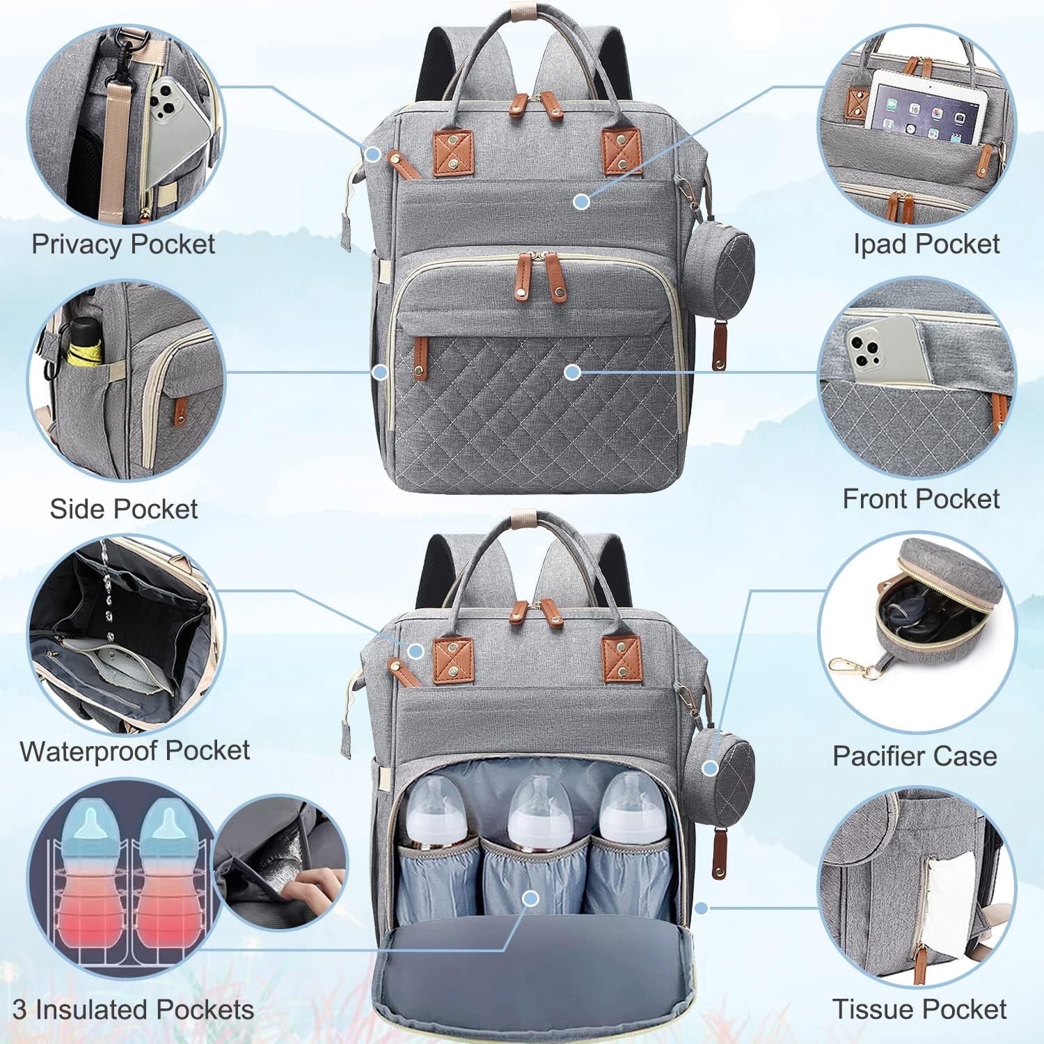 Morfone Baby Diaper Bag Backpack, Multifunction Waterproof Baby Bag with USB Charging Port, Stroller Straps & Pacifier Case Unisex, Gray