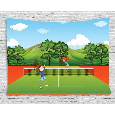 Kids Sports Tapestry, Siblings Little Friends Playing Tennis Fun Time in Park Exercise with Buddies, Wall Hanging for Bedroom Living Room Dorm Decor, 60W X 40L Inches, Multicolor, by