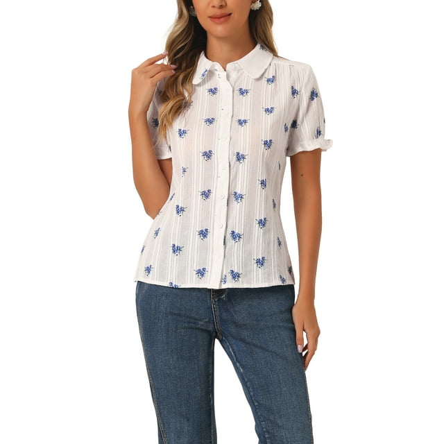 INSPIRAR CHIC Blusas de Mujer con Volantes para el Día de la Madre, Mangas Abullonadas, Cuello Peter Pan, Estampado Floral, Algodón, Talla XS, Blanco y Azul