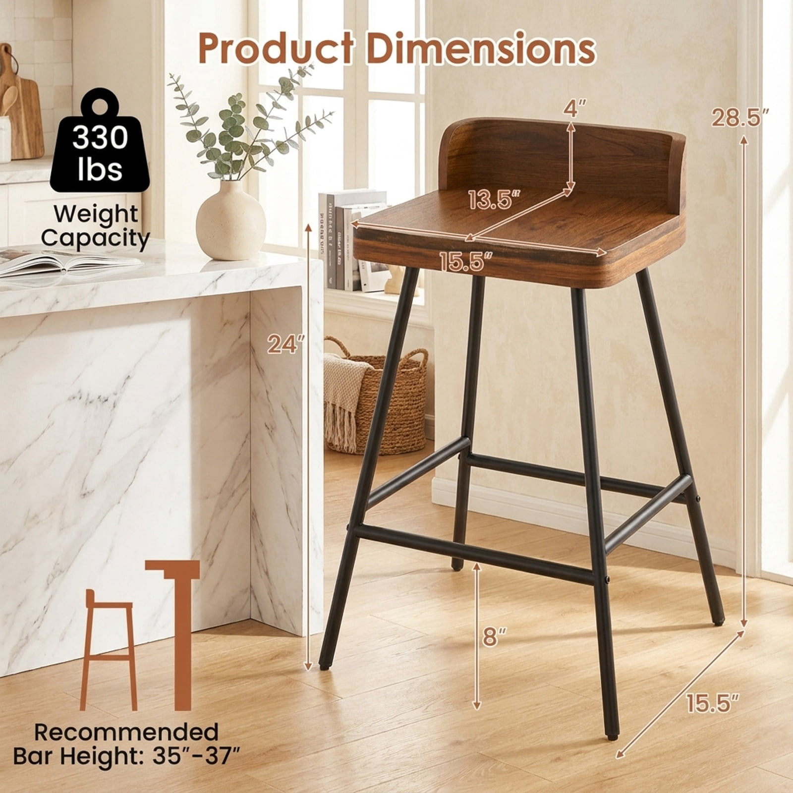 Furnibear 24" Industrial Rubber Wood Bar Stool with Low Back Metal Legs and Footrest for Kitchen Island Counter Bar Pub Dining Home, Brown