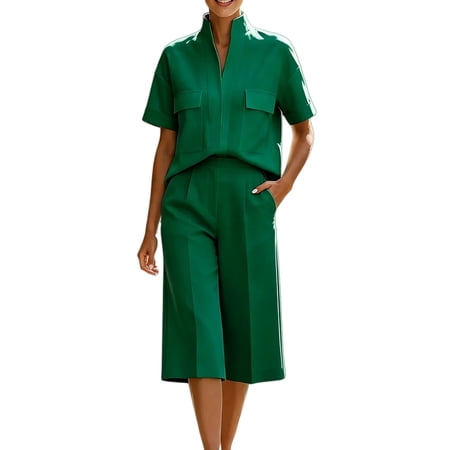 PUMXQ Two Piece Matching Pantsuits for Women Short Sleeve V Neck Collared Top High Waist Loose Wide Leg Capri Culottes Casual Daily Dressy Outfit Green XL PUMXQ Two Piece Matching Pantsuits for Women Short Sleeve V Neck Collared Top High Waist Loose Wide Leg Capri Culottes Casual Daily Dressy Outfit Green XL