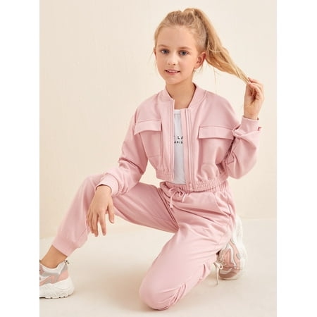 

Long Sleeve Girls Flap Pocket Sweatshirt Joggers Set S221904X Baby Pink 7Y(48IN)