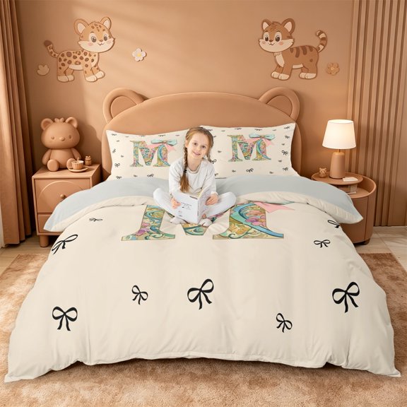 Catabedysis Rainbow Cute Bows Bedding,Bowtie Monogram Print M Duvet Cover Full For Girls,Light Gray Reversible,3 Pieces,1 Duvet Cover and 2 Pillowcases