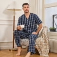 thumbnail image 5 of Vulcanodon 100% Cotton Mens Pajamas Set, Lightweight Button Up Mens Sleepwear(DARK BLUE PLAID, L), 5 of 6