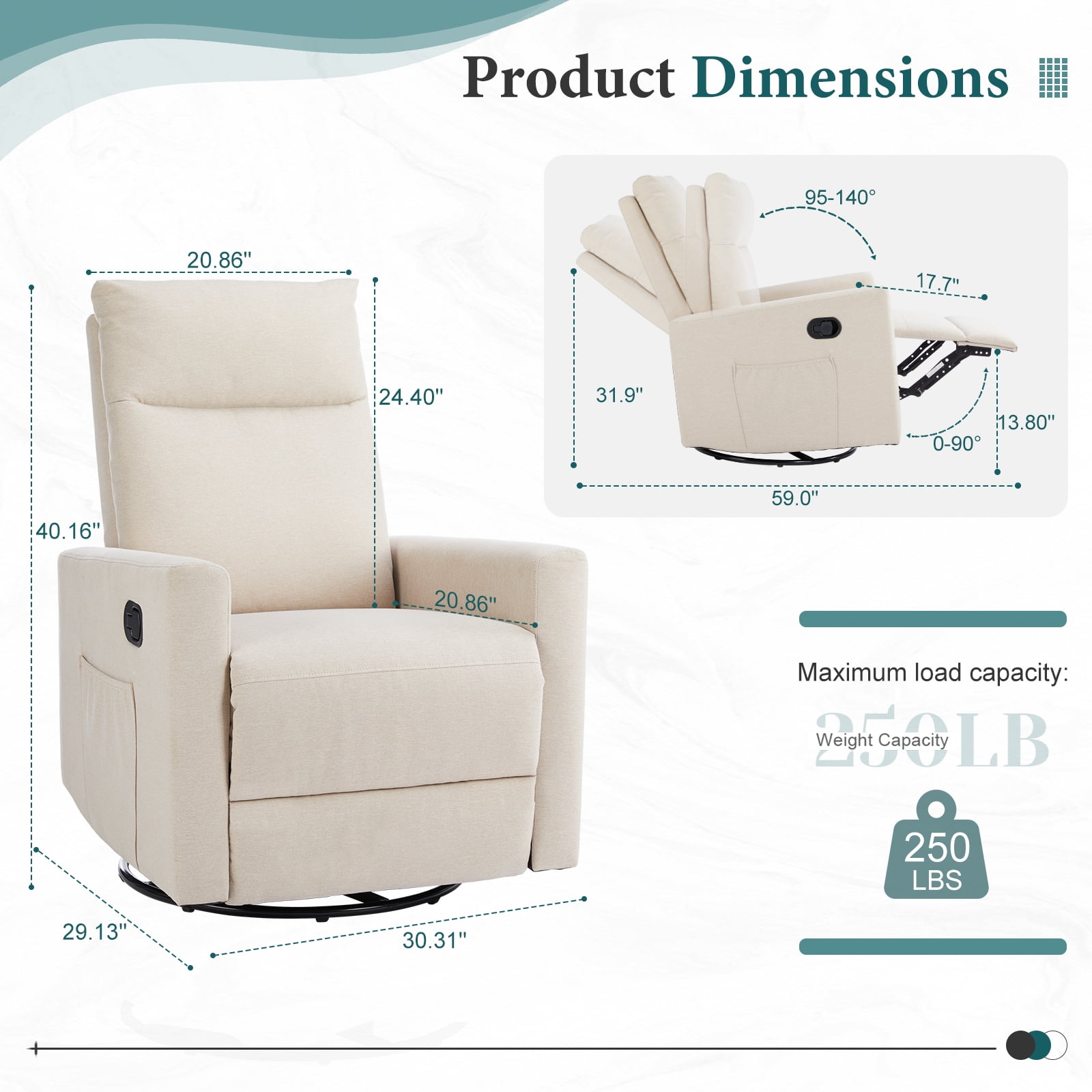 GIANNA Glider Rocker Recliner Chair with Adjustable Backrest and Footrest, Beige