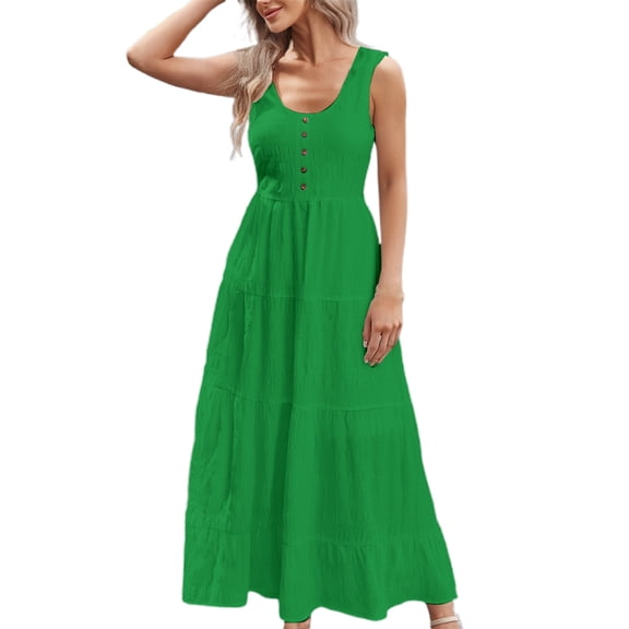 Women's Casual Dress U Neck Sleeveless Solid Color Detail Everyday Basic Summer Outfit With Necklace