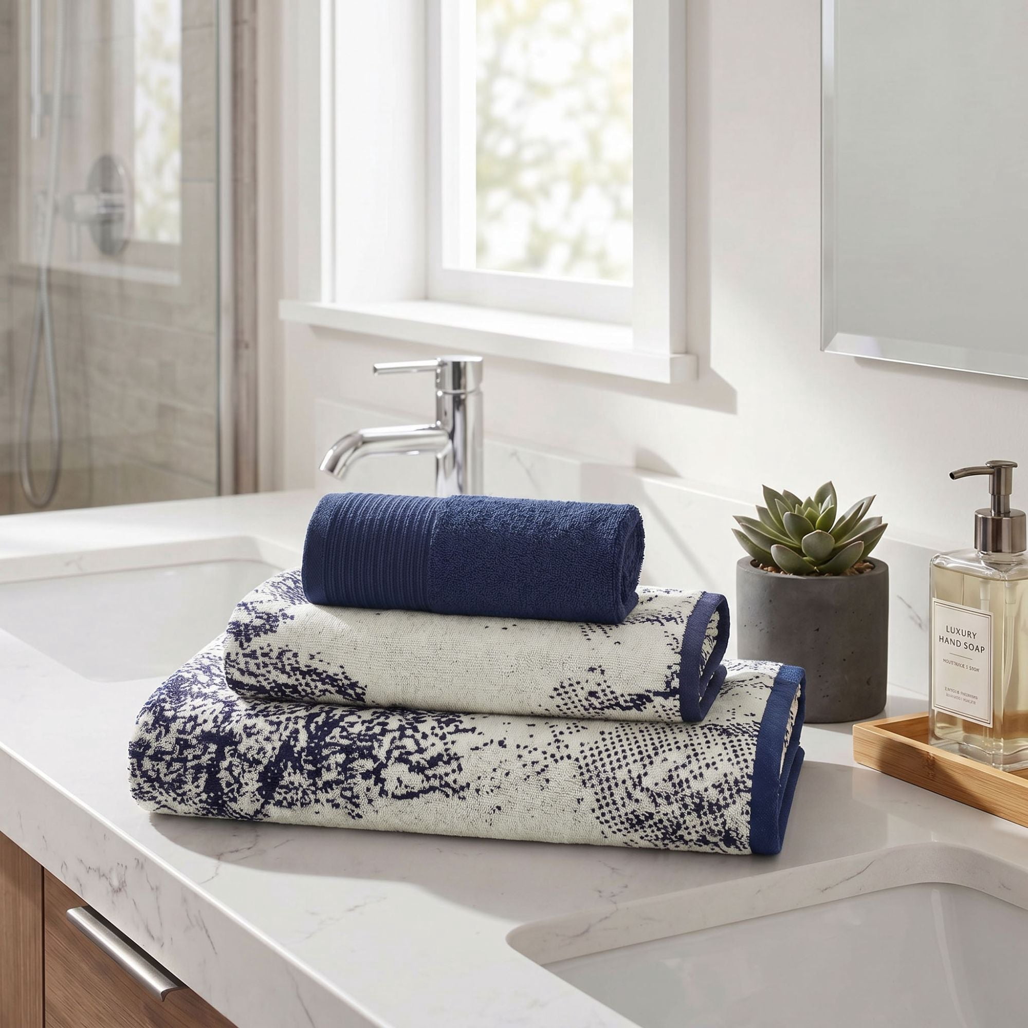 Superior Marble and Solid Jacquard Assorted Cotton 3 Piece Towel Set, Navy Blue - Ivory