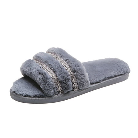 

Pgeraug slippers for women Women s Fashion Rhinestone Flat Bottom Large Size Outer Wear Furry Slippers Women Shoes Gray 36-37
