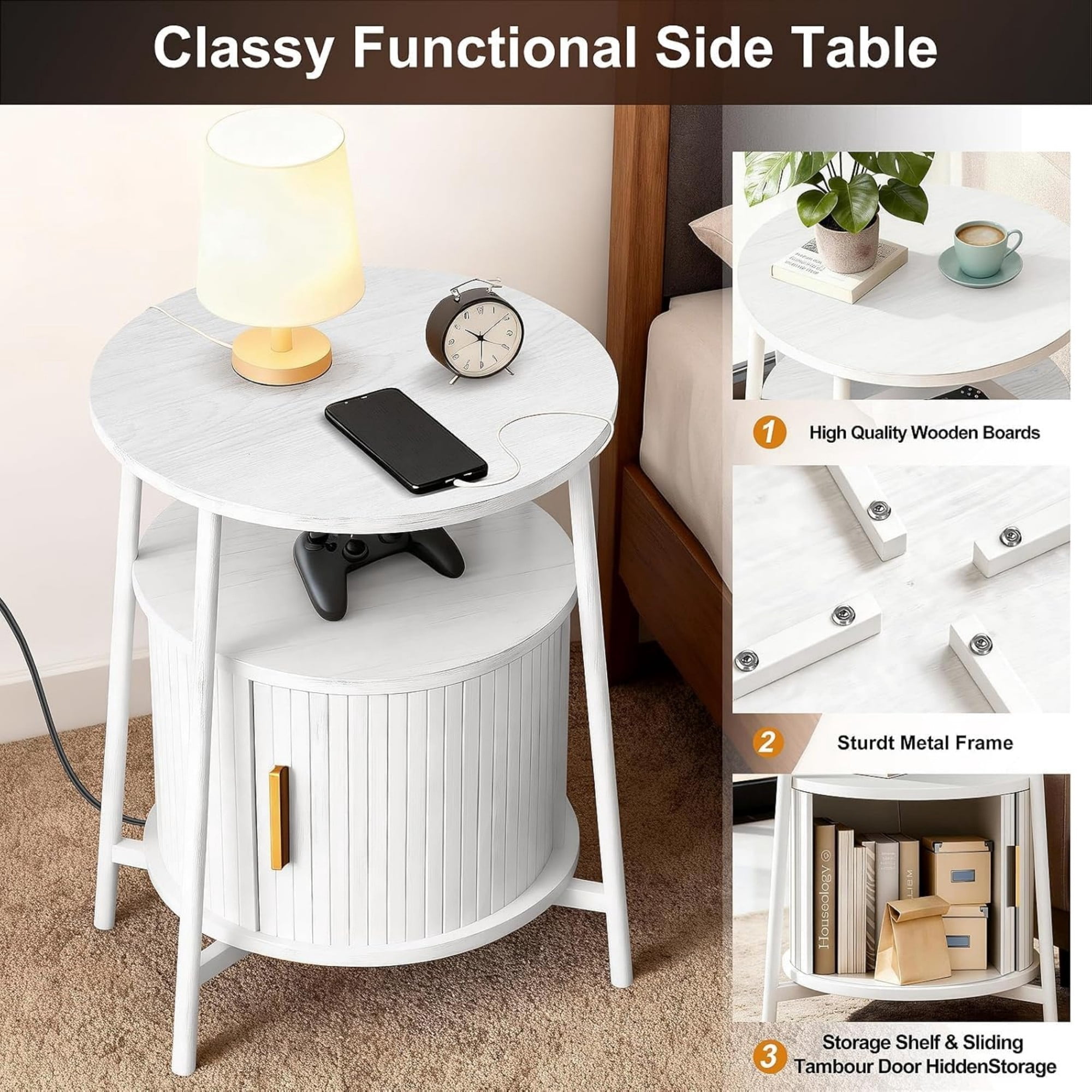 Round End Table with Charging Station, Fluted Side Table with Sliding Door, Mid Century Modern Nightstand for Bedroom & Living Room, White