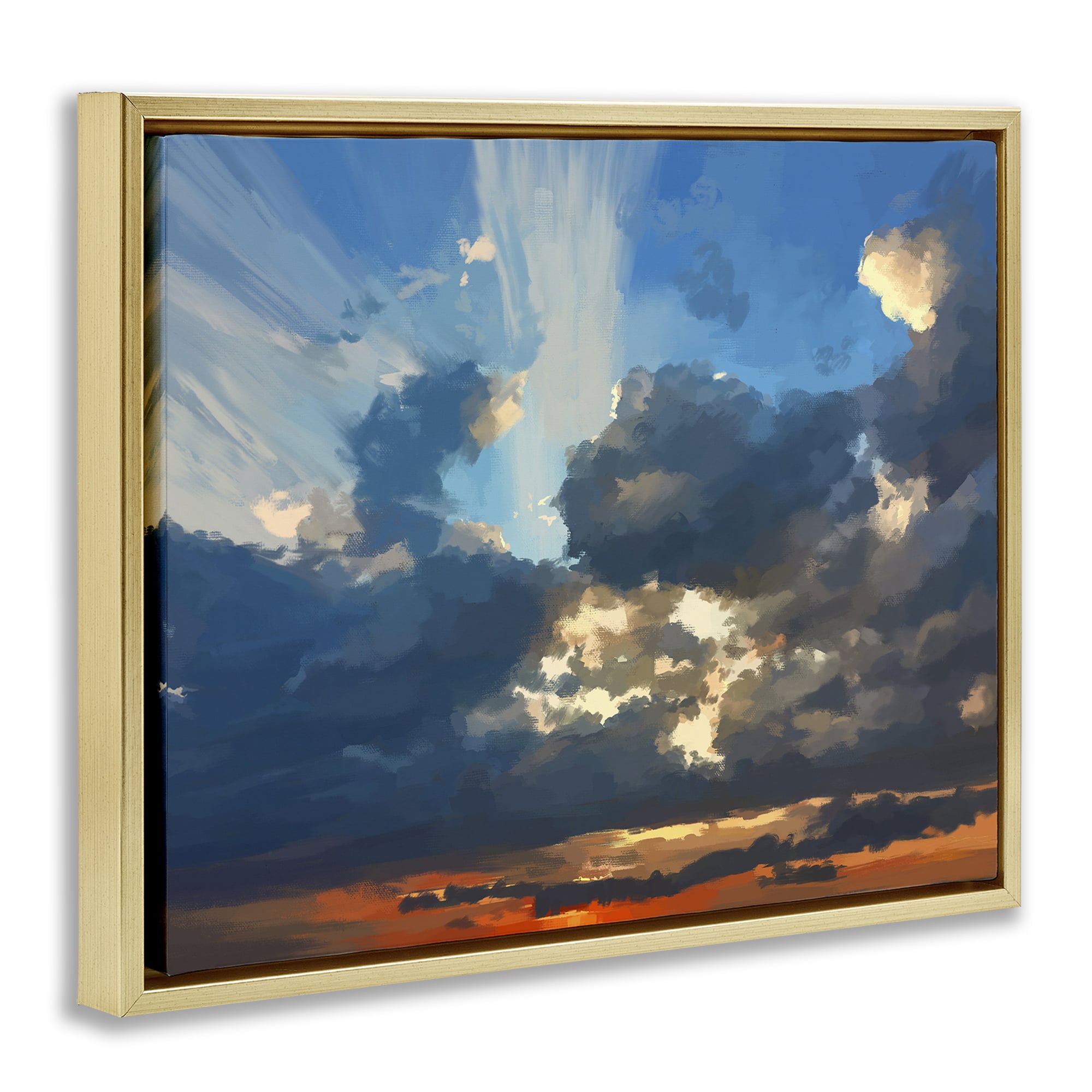 Stupell Industries Sun Rays Through Clouds Landscape & Nature Painting Gold Floater Framed Canvas Art Print Wall Art, 31 x 25