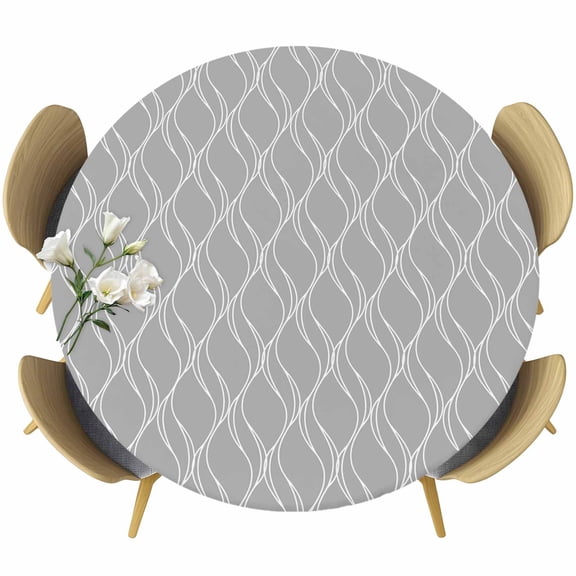Grey White Stripes Fitted Tablecloth with Elastic Edged, Round Table Cloth for Dining Table, Simple Geometric Modern Monochrome Waterproof Oil Proof Table Cover for Indoor Outdoor 36"-44"