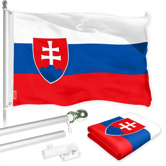 G128 Combo Pack: 6 Ft Tangle Free Spinning Flagpole (Silver) & Slovakia Flag 3x5 Ft Printed 150D Polyester, Brass Grommets (Flag Included) Aluminum Flag Pole