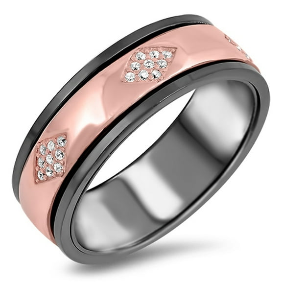 Rose Gold-Tone Clear CZ Spinner Wedding Ring ( Sizes 5 6 7 8 9 10 11 12 ) Sterling Silver Black Band Rings (Size 8)