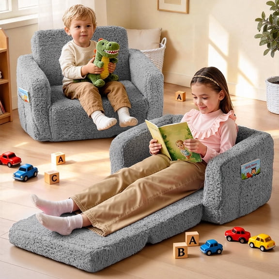 Kids Sofa,Foldable 2 in 1 Kids Couch,Toddler Chair Baby Convertible Sofa for Boys and Girls ,Gray