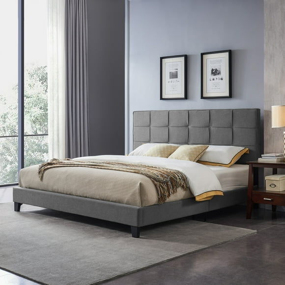 Full Size Bed Frame with Fabric Headboard,Platform Bed Frame,Wooden Slat Support, No Box Spring Needed,Easy Assembly,Bed Frame Queen, Bedframe Queen-Size, Base de Cama Full,Grey