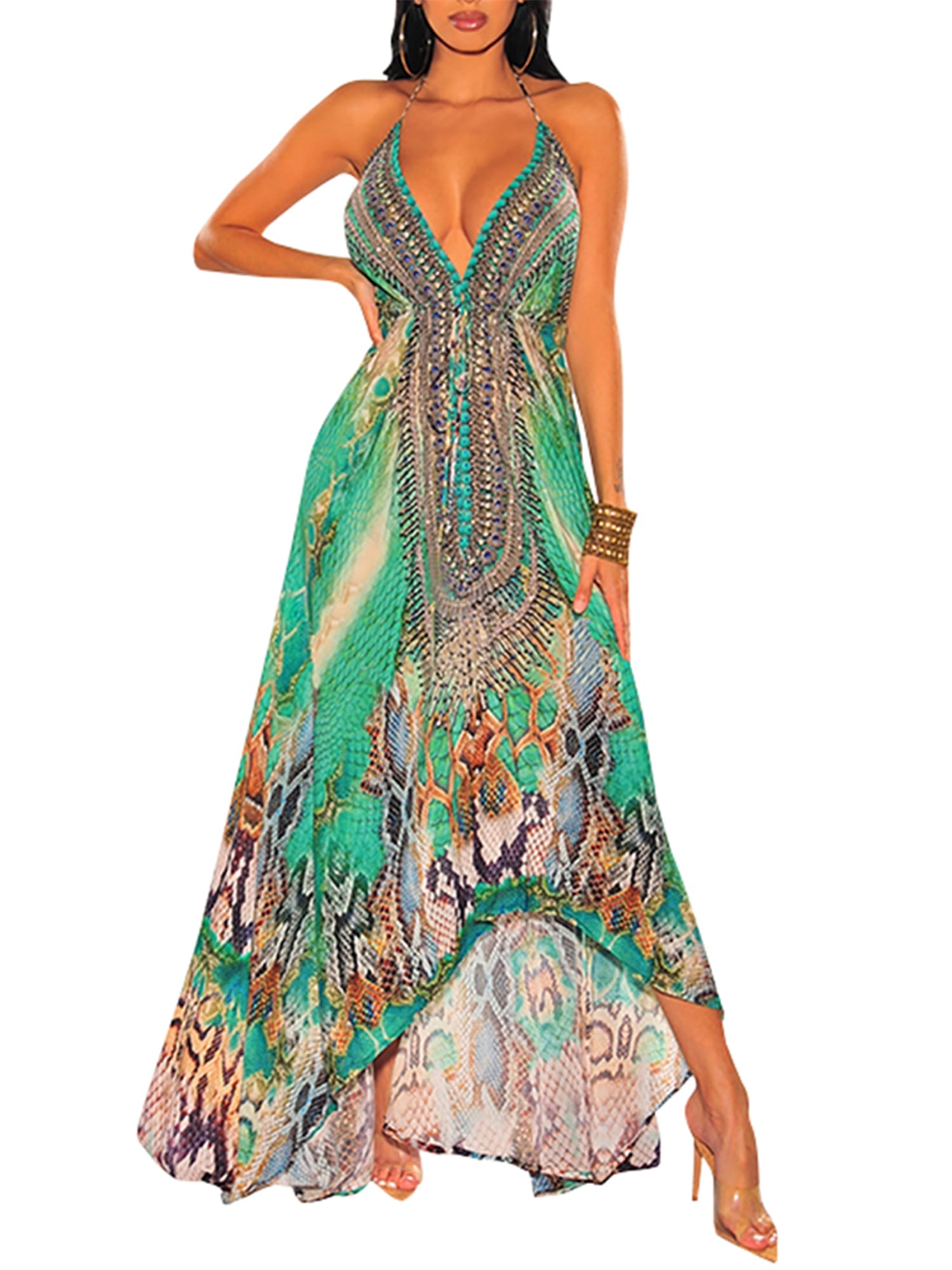 Women Print V Neck Backless Suspender Dress Holiday Summer Beach Ruffle Dresses