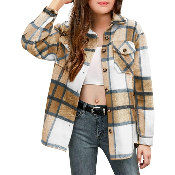 Oudiya Girls Flannel Plaid Jackets Long Sleeve Button Down Shirts Blouses Tops with Pockets, 6-15Y