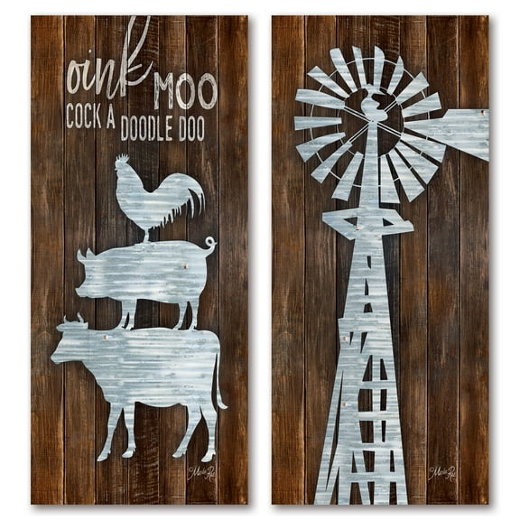 Gango Home Decor Brown Rustic Windmill & Farm Animal Adult Kitchen Set; 2-8x18in Unframed Prints