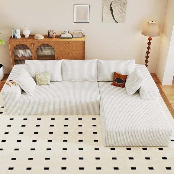 Cloud Couch Sectional, 96" L-Shaped Sofa, No Assembly Corduroy Couch with Chaise for Living Room,White