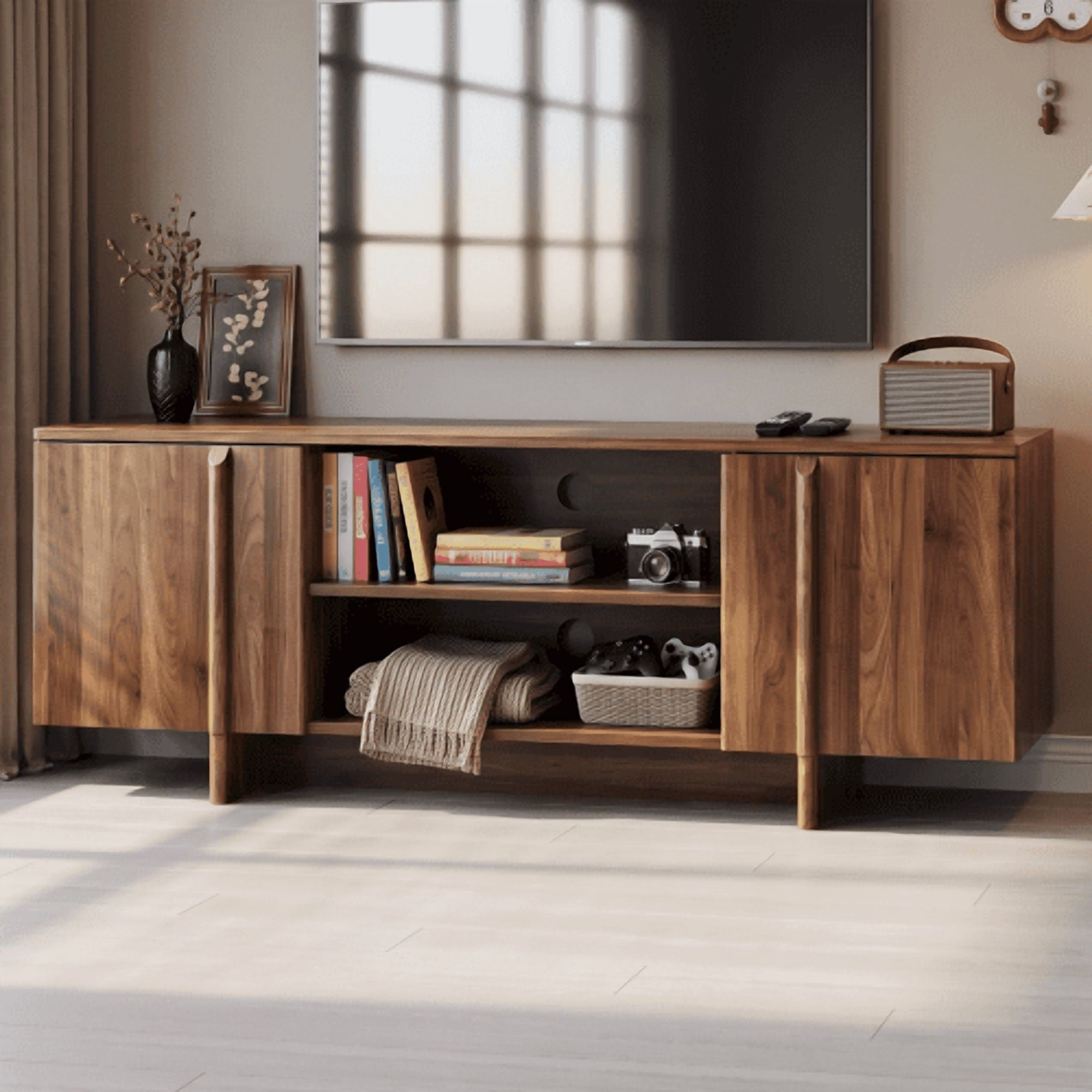 55" Mid-Century Modern Farmhouse TV Stand, Entertainment Center with Double Doors, Open Shelving, and Cable Management, Fits TVs up to 48 Inches, Walnut