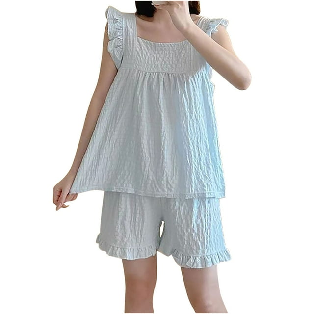 cfhntfmh Womens Summer Pajama Sets Ruffle Trim Cap Sleeve Top and Shorts Loungewear Set 2 Piece Matching Outfits