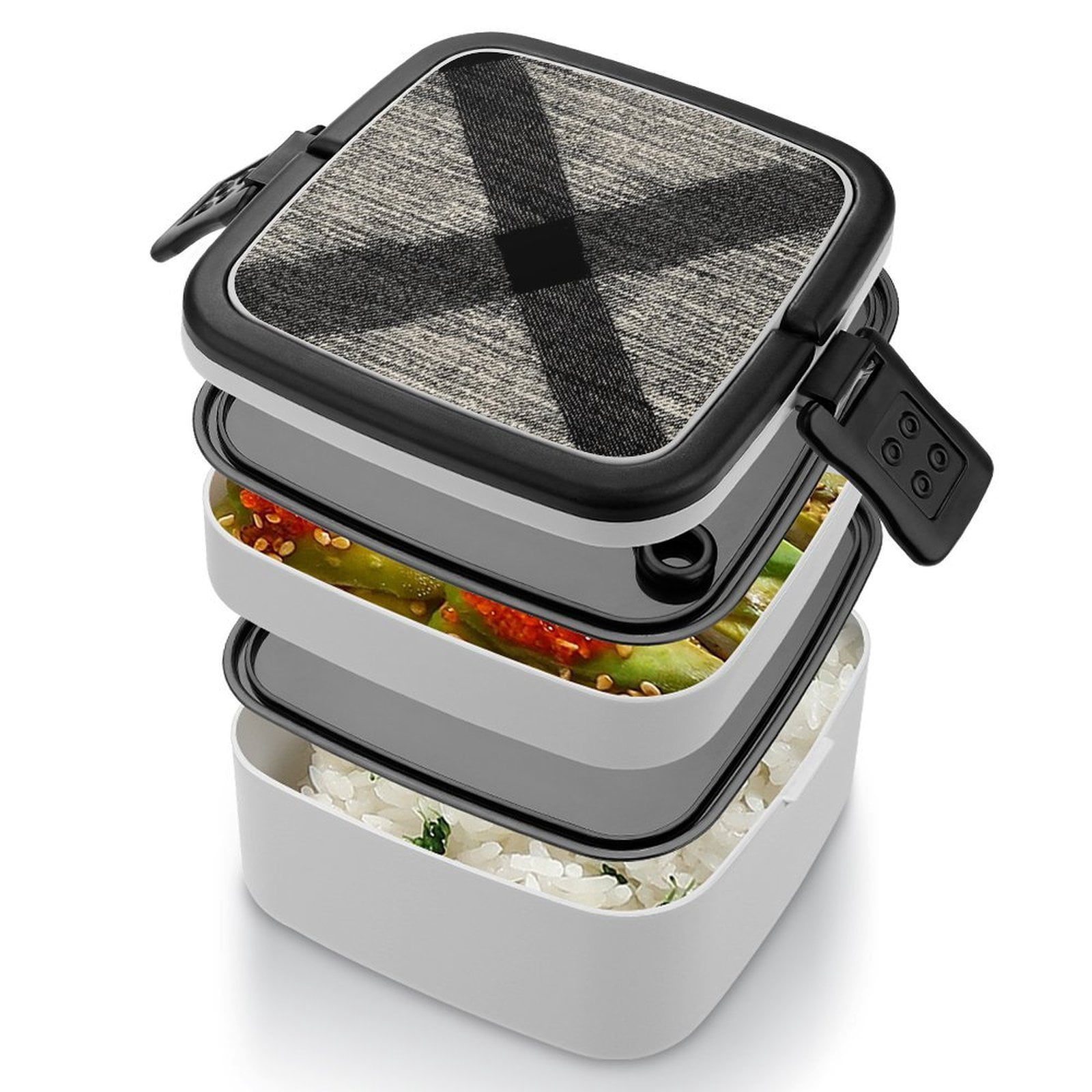 5.3×4.3in Double-Layer Bento Box Sealing Leakproof Partition Design Buckle Design Convenient Switch With Handle Argyle Plaid DimGray_95746_4