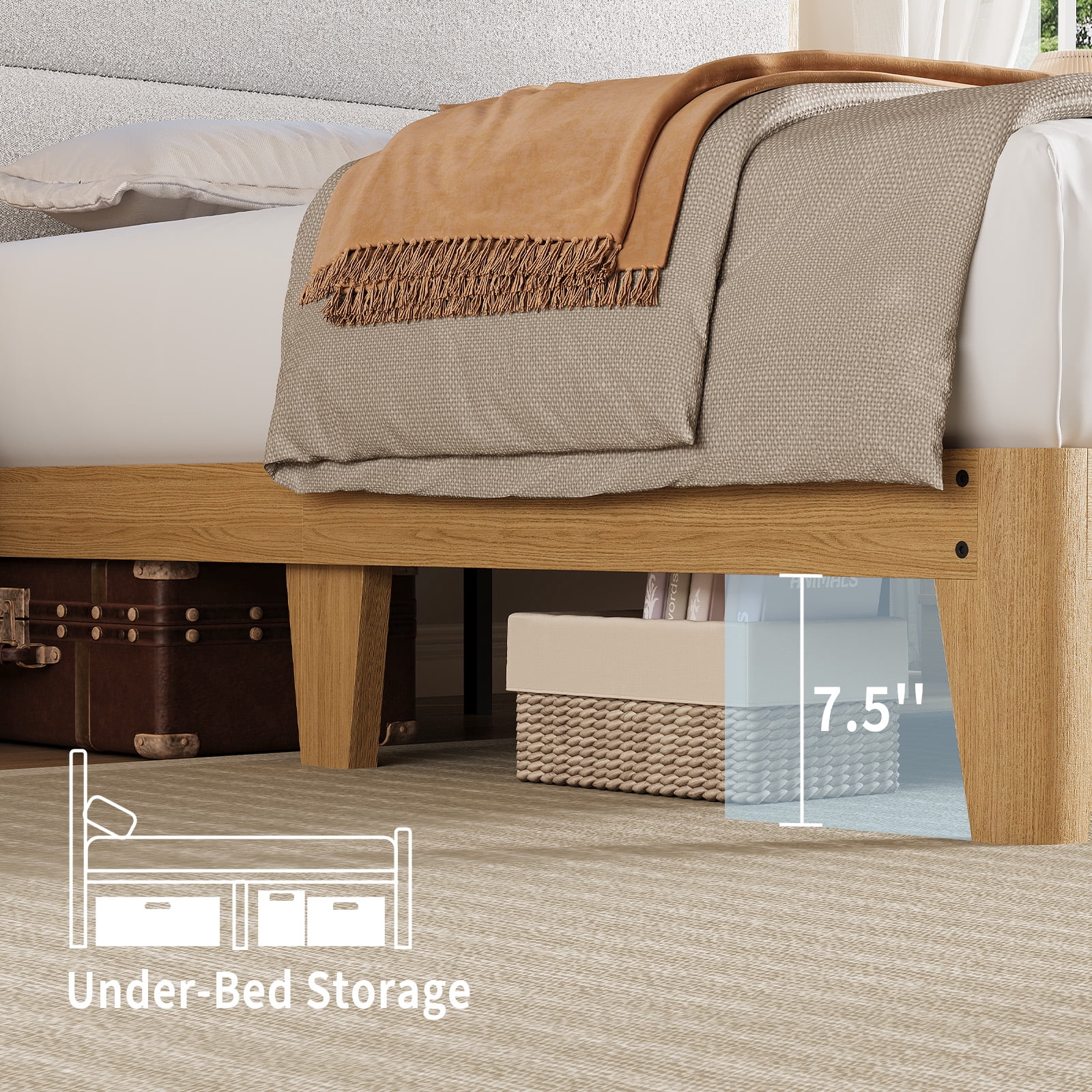 Queen Size Upholstered Bed Frame with LED Lights & Charging Station, Boucle Headboard Platform Bed with Wooden Slats, No Box Spring Needed, Easy Assembly，White