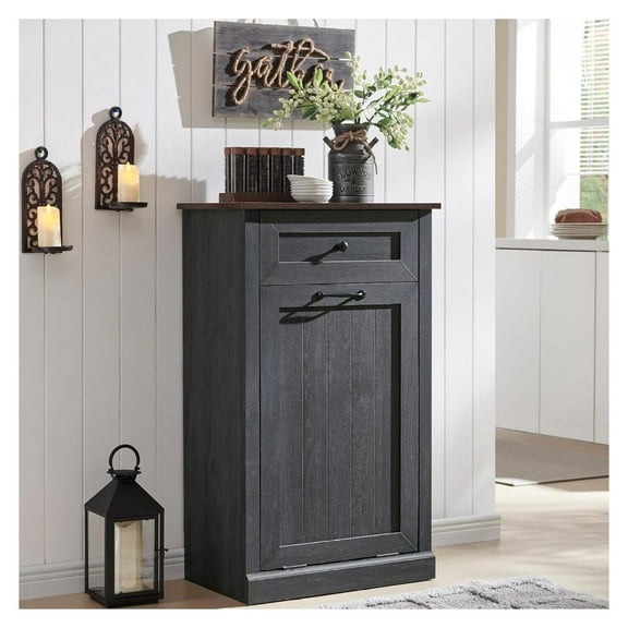 Tilt Out Trash Can Cabinet, Dog Proof Trash Can Cabinet, Farmhouse Laundry Hamper Cabinet with Barn Door, 10 Gallon Garbage Can Bin Cabinet with Storage Basket for Kitchen (Dark Grey)